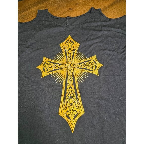 Womens Black Cold Shoulder Tunic Top With Yellow Cross Graphic Design - Picture 5 of 10